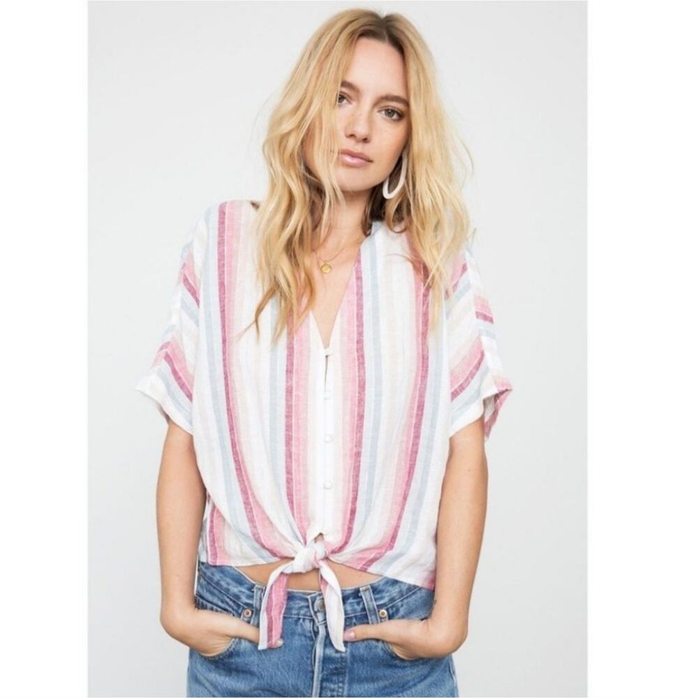 Rails Thea Tropical Stripe Button Down Tie Front Top Pink and White Extra Small